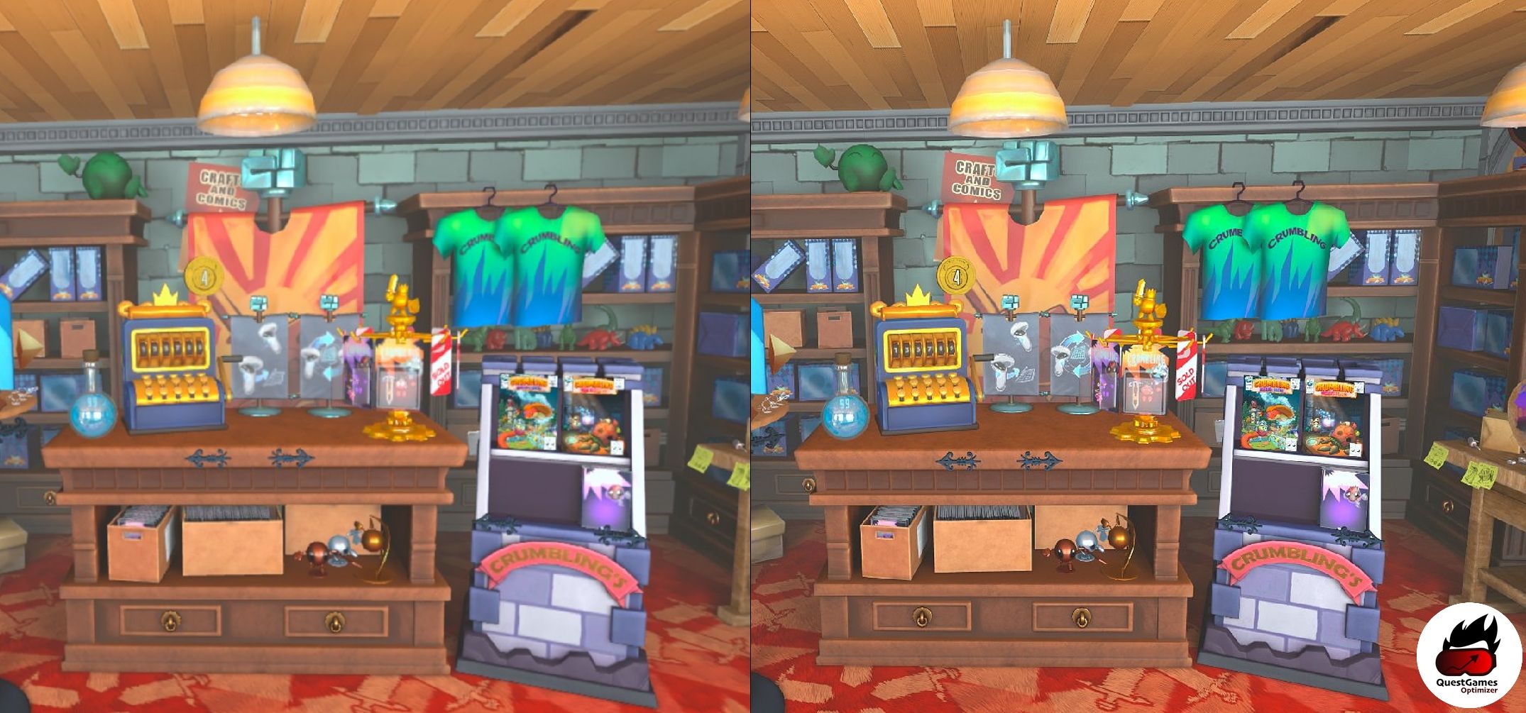 Comparison of a storefront with and without Quest Games Optimizer.