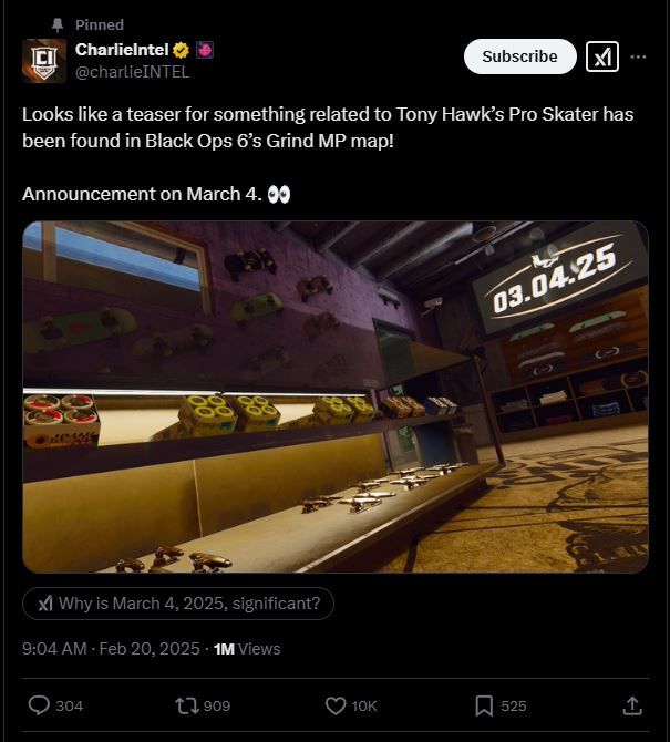 Charlie Intel on X posting about Tony Hawk on Black Ops 6.