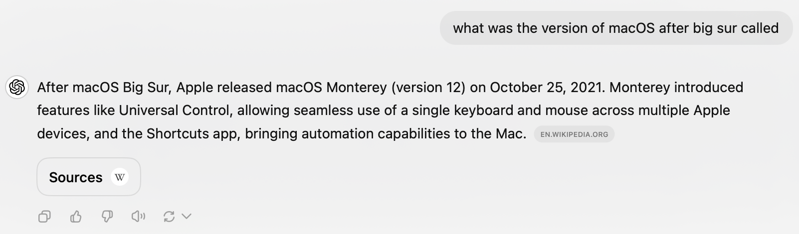 ChatGPT answering a question about the names of versions of macOS.