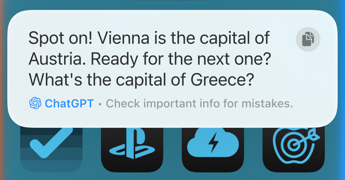 ChatGPT via Siri asking a question about the capital of Greece on iPhone.