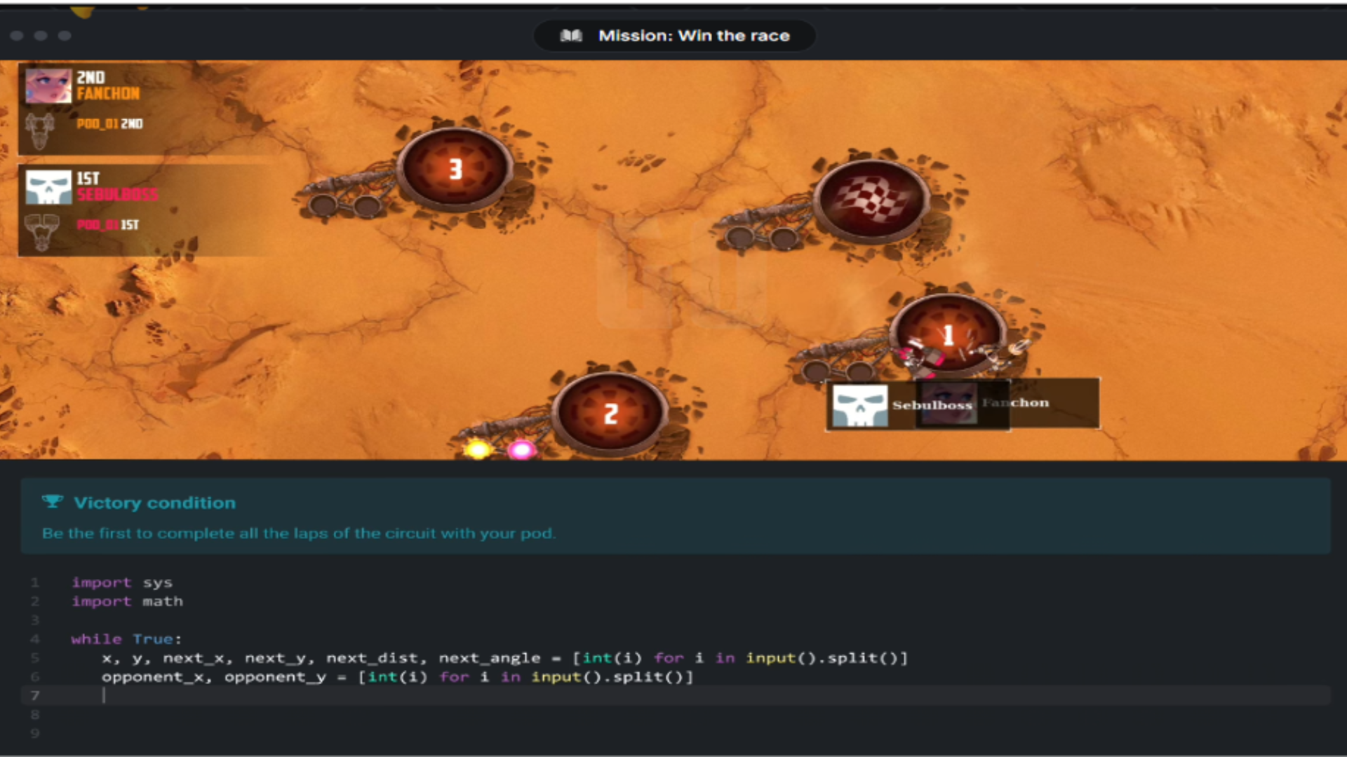 CodinGame gameplay being shown in an interactive platform showing missions.