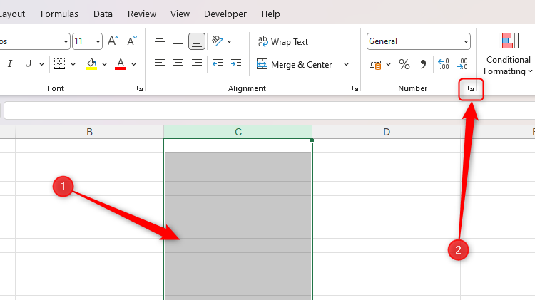 Column C is selected in an Excel sheet, and the Number Format dialog box launcher in the Number group of the Home tab is highlighted.