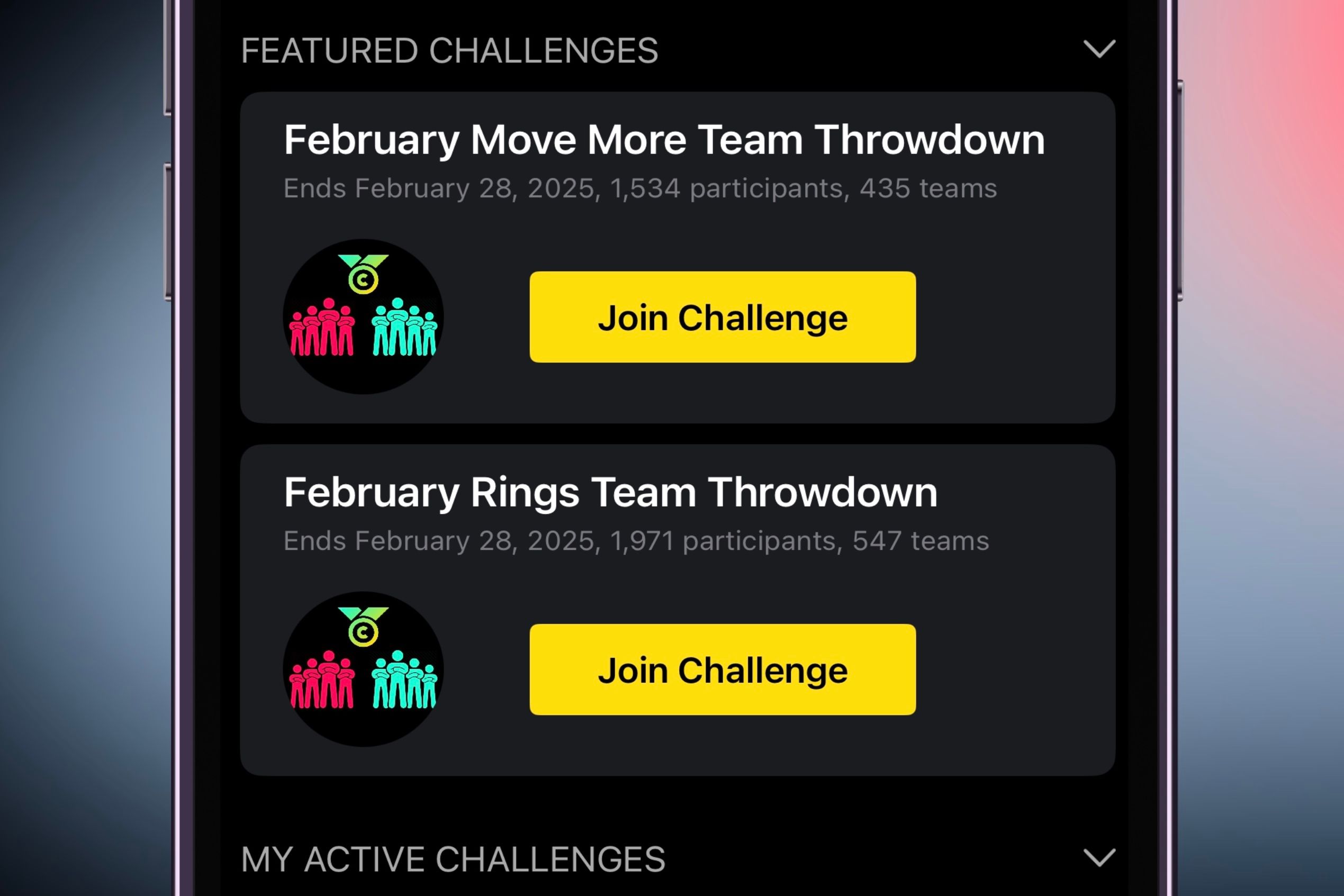 Community competitions being shown for February in front of a colorful background.