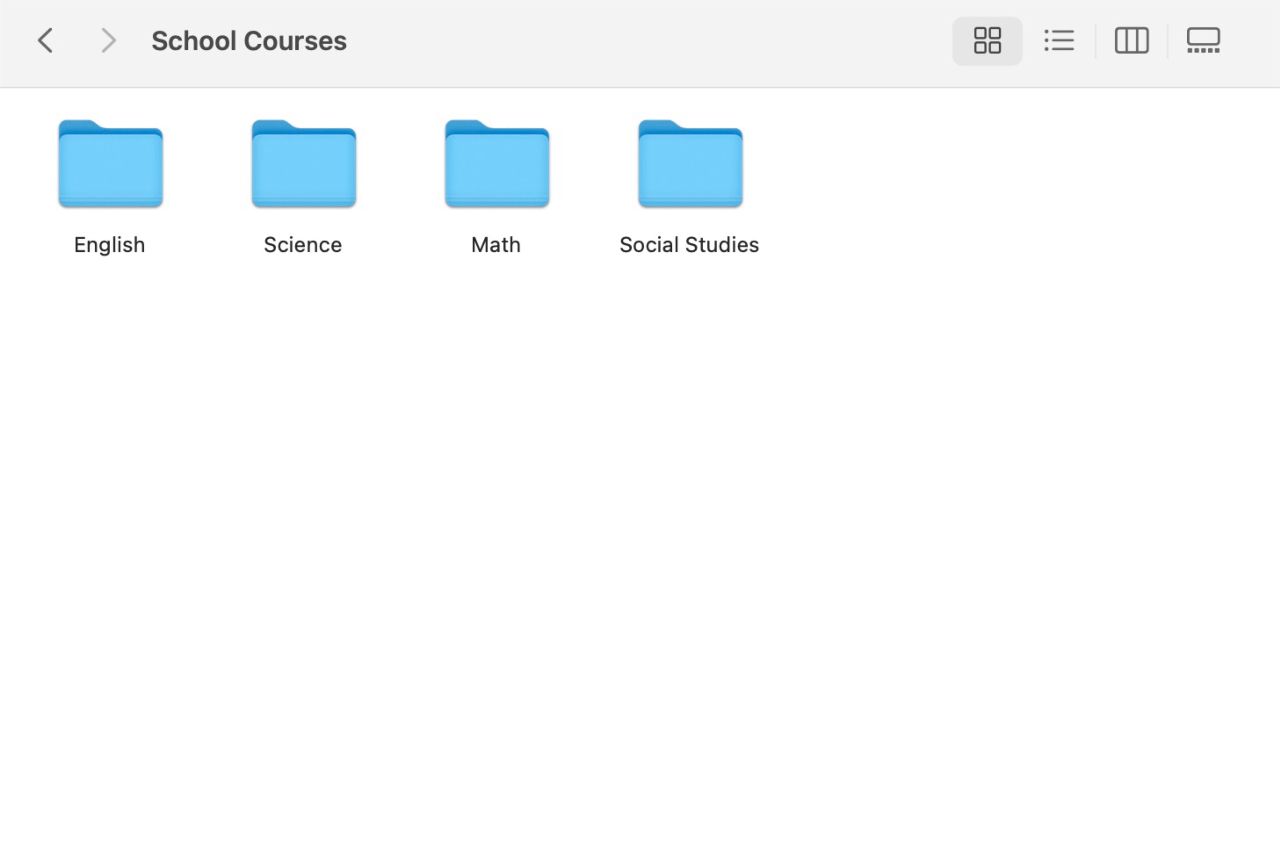 Consistent folder structure shown within the Finder app for different school subjects.