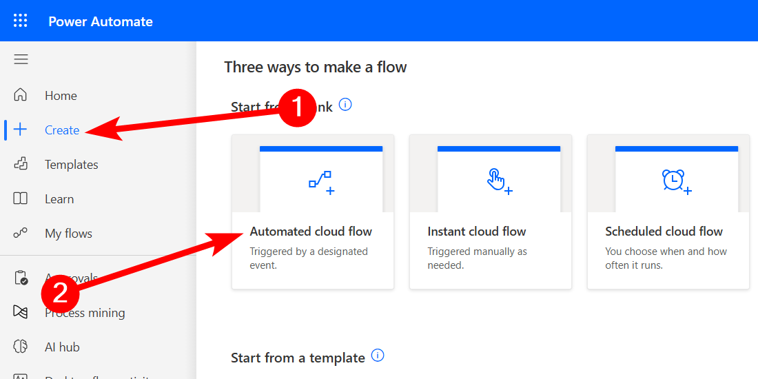 Creating an automated cloud flow in Power Automate for web.