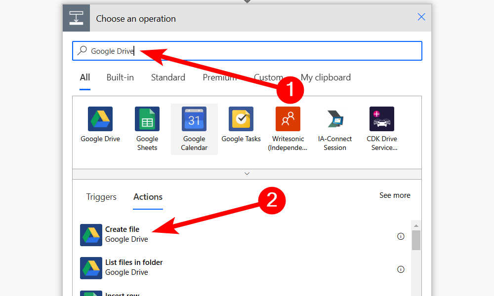 Creating an action for Google Drive in Power Automate for web.