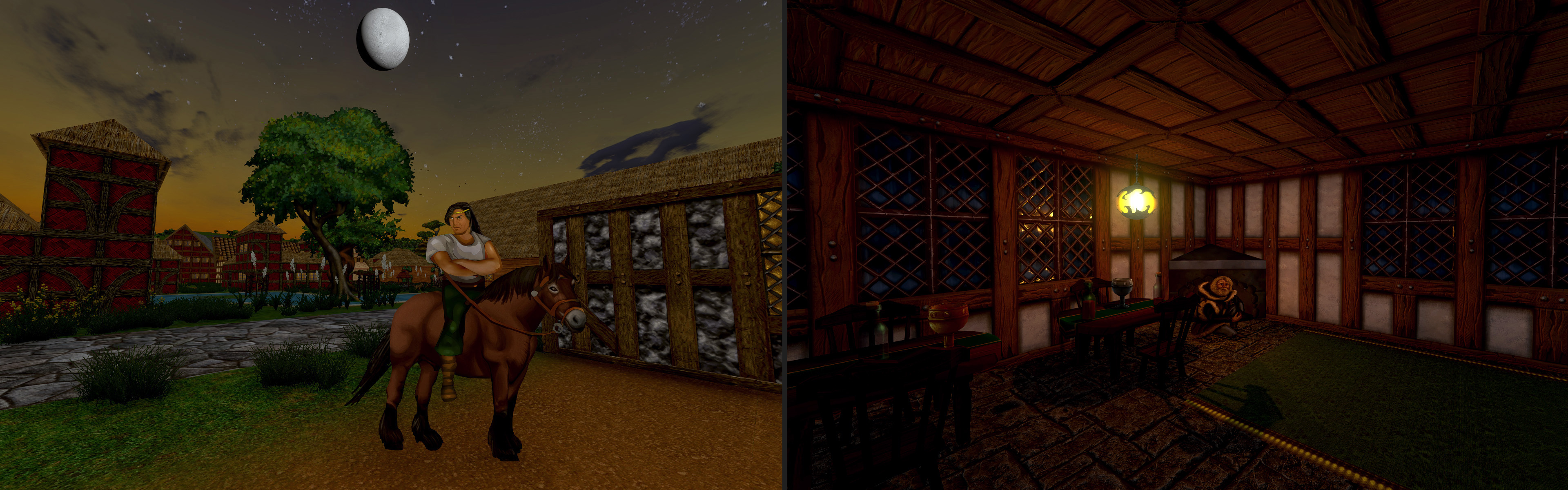 Daggerfall Unity screenshots next to each other, one of a horse rider and the other of a man in a room