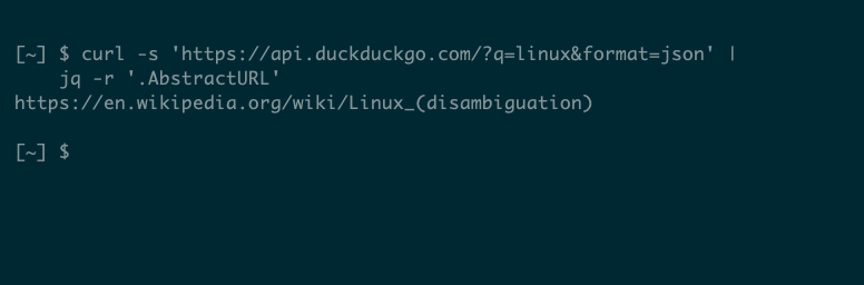 Output from the DuckDuckGo API using curl and jq to fetch and parse a result from a simple query.