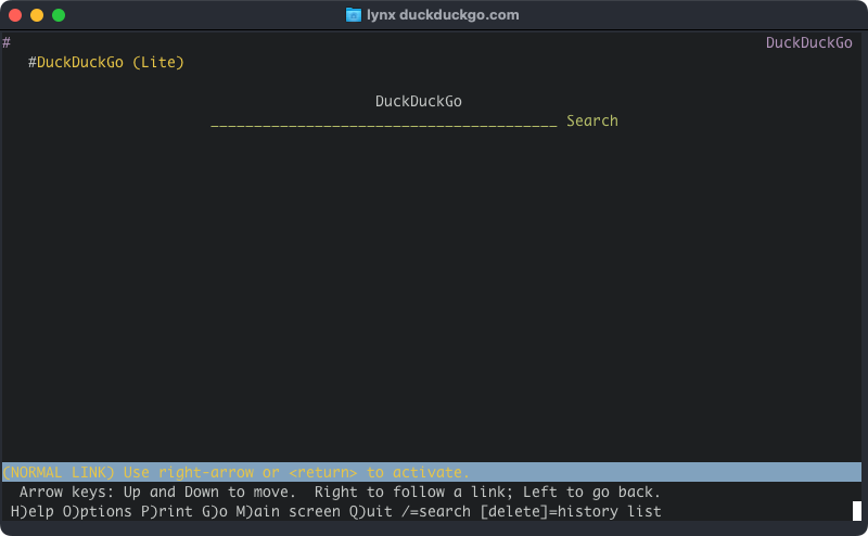 The lynx text browser showing Duck Duck Go's home page, a very sparse screen with a prominent underlined search box and a link to Search.