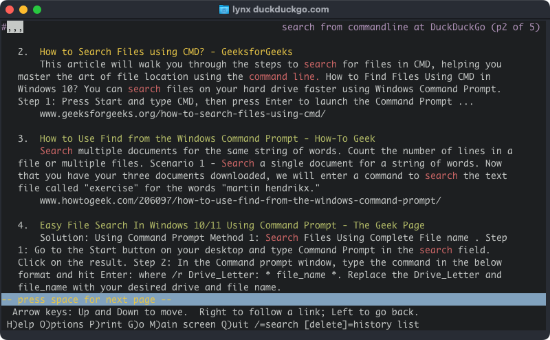 The lynx text browser showing Duck Duck Go search results, each consisting of a title and a description.