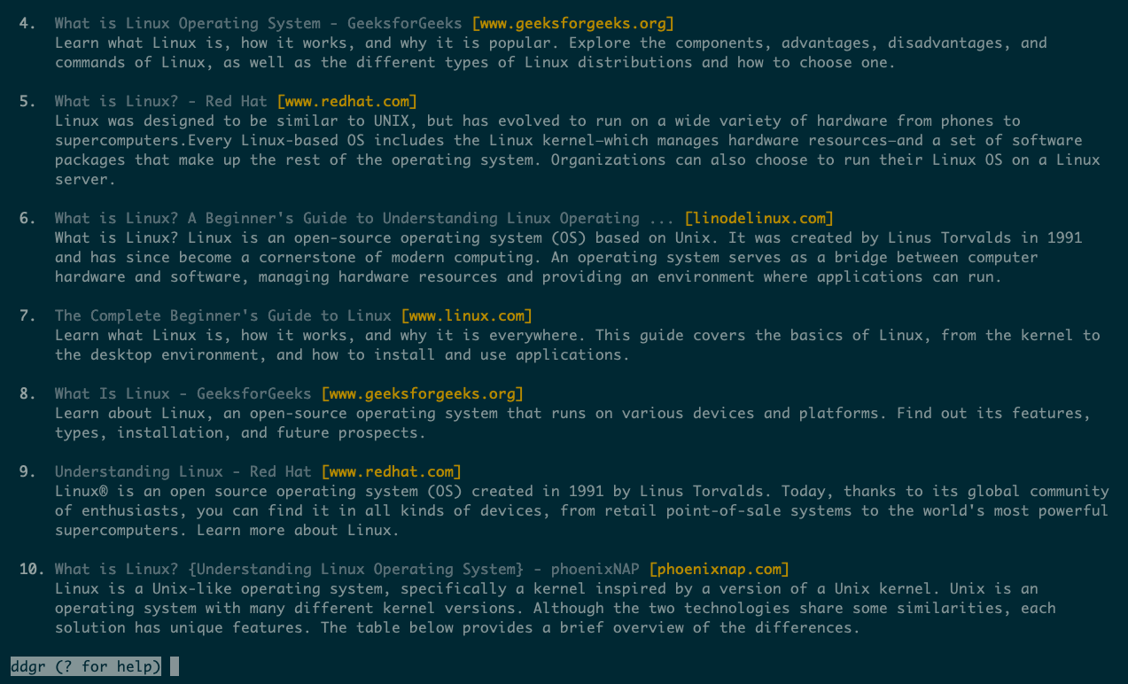 ddgr shows a list of web results for the search query "linux" and an interactive command-line prompt at the bottom of the screen.