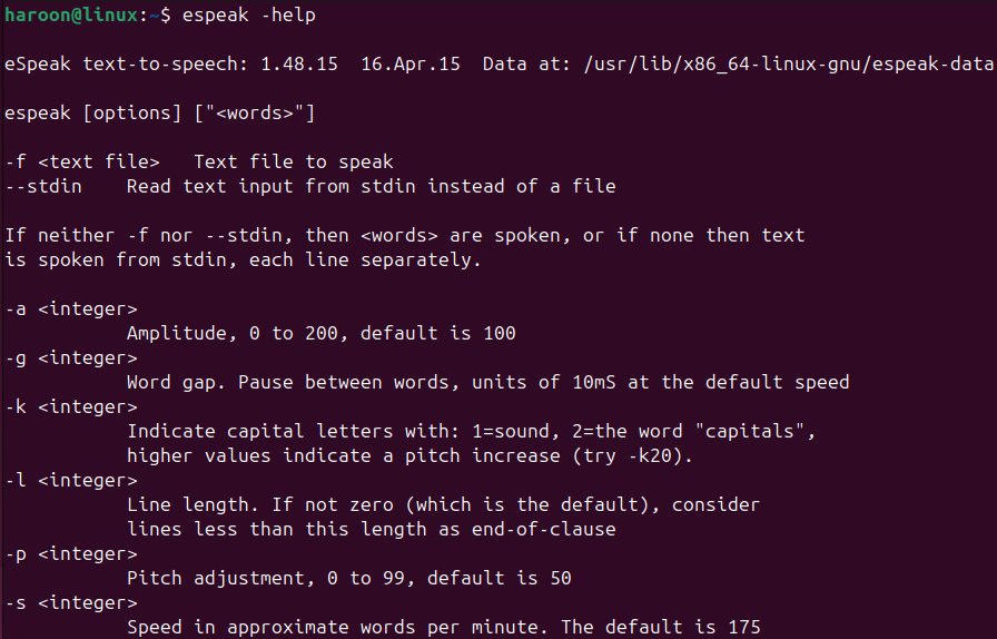 Displaying manual page of eSpeak program on Ubuntu terminal.