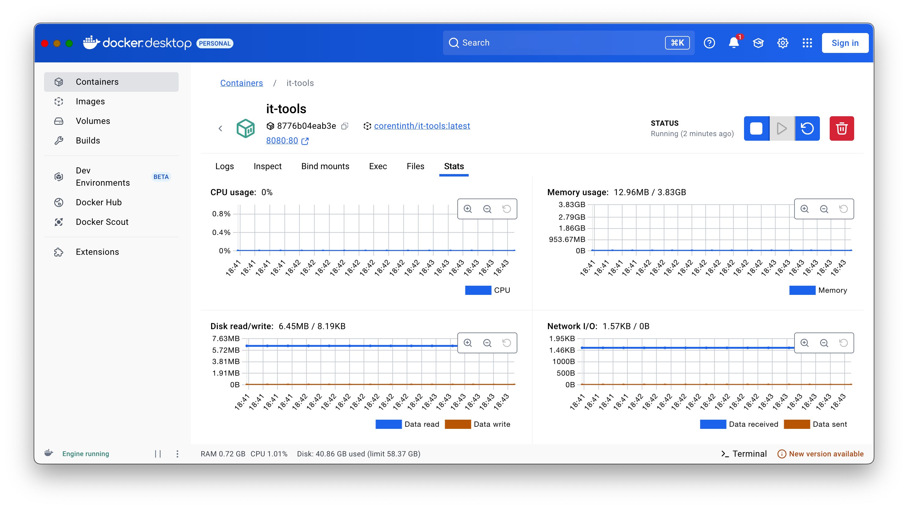 Docker Desktop showing the details of a running container.