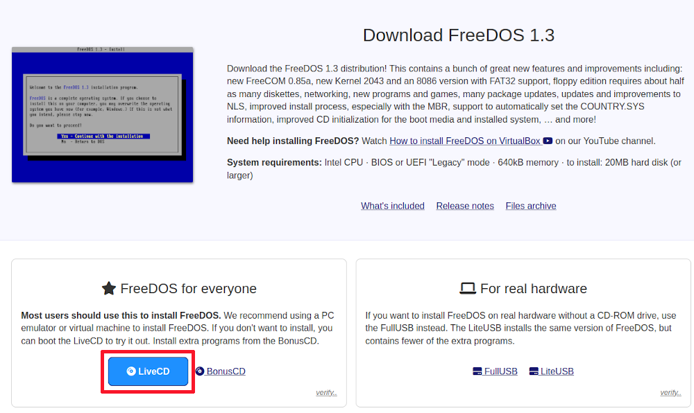 The download page for FreeDOS.