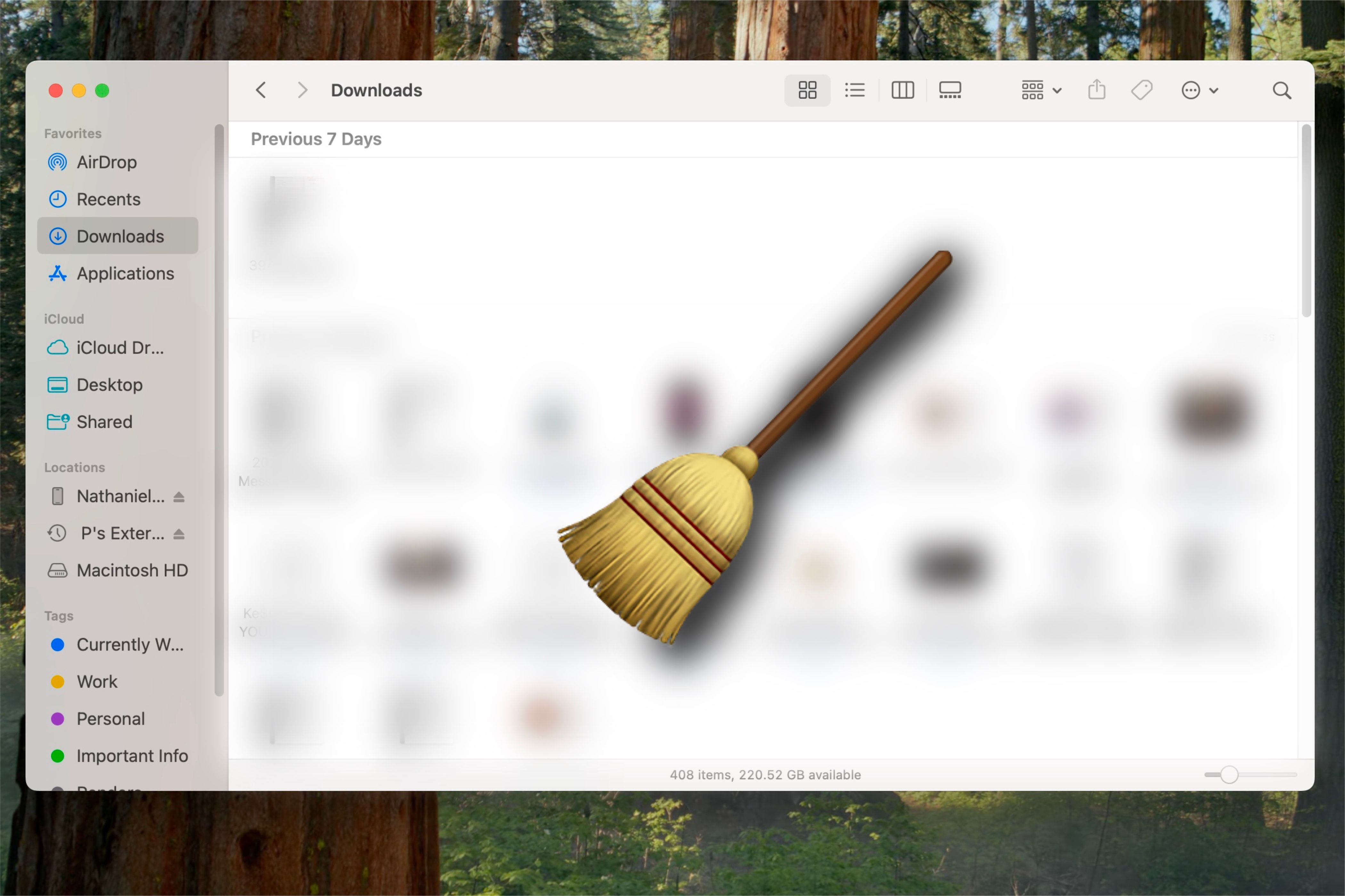 The Downloads folder with a broom emoji on it showcased on macOS.