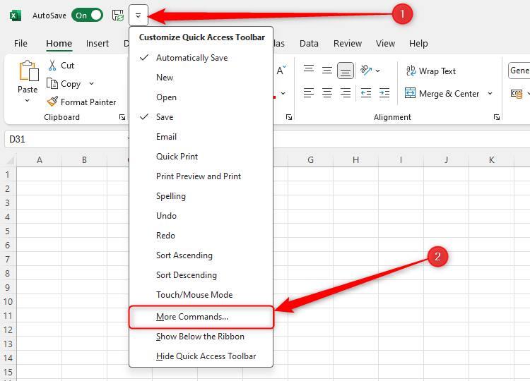 Excel's Quick Access Toolbar drop-down list, with More Commands selected.