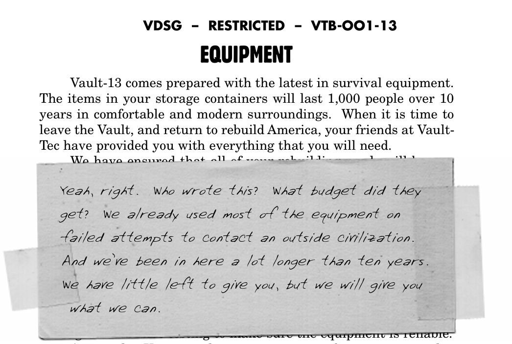 An excerpt from the instruction manual for Fallout, featuring a note from the Overseer.