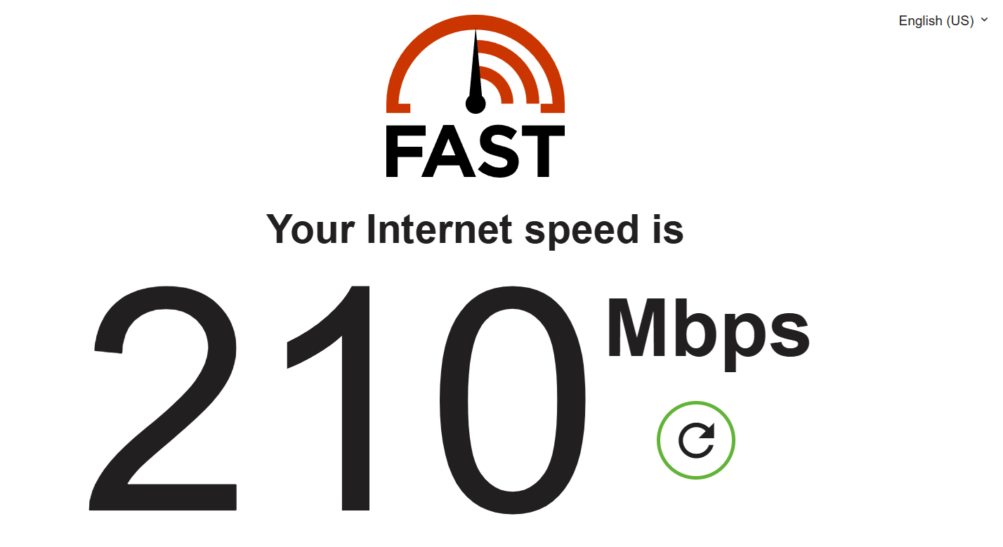 Fast dot com's speed test results.