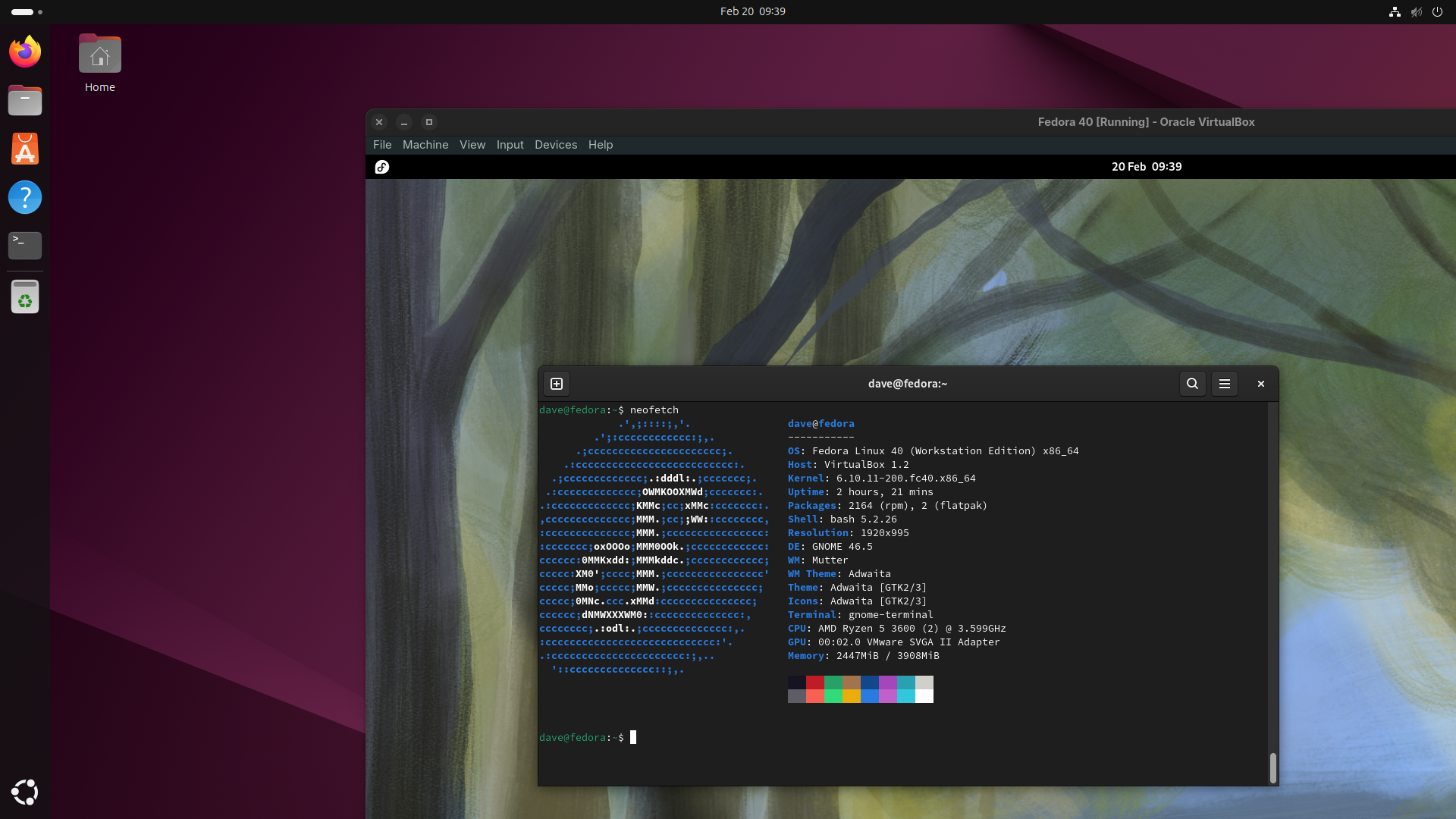 A Fedora virtual machine running on an Ubuntu host.