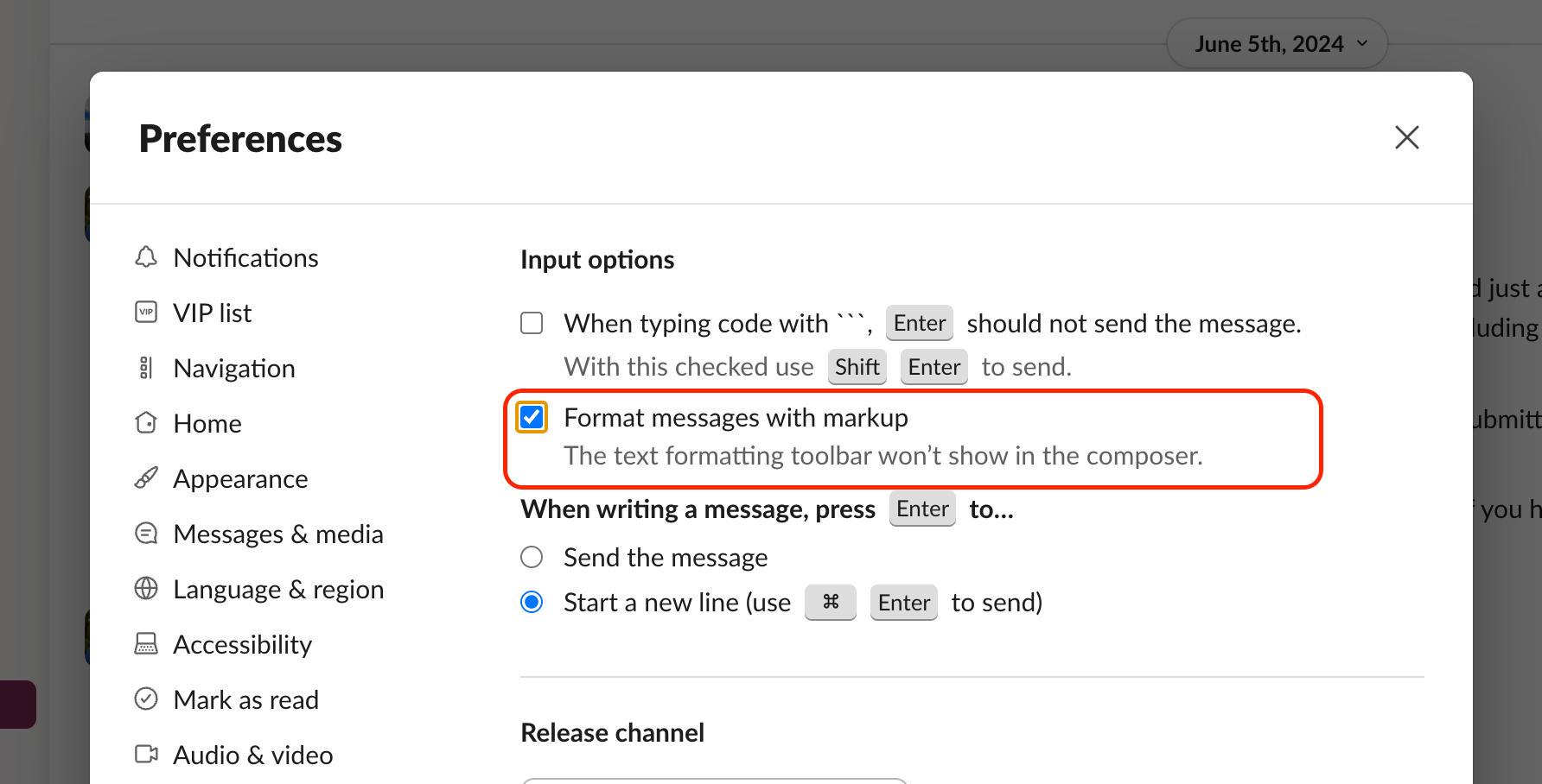 Format messages with markup setting in Slack