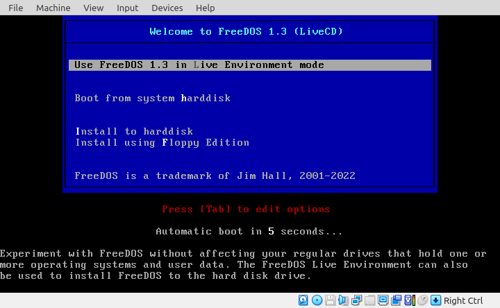 The boot option screen for FreeDOS.