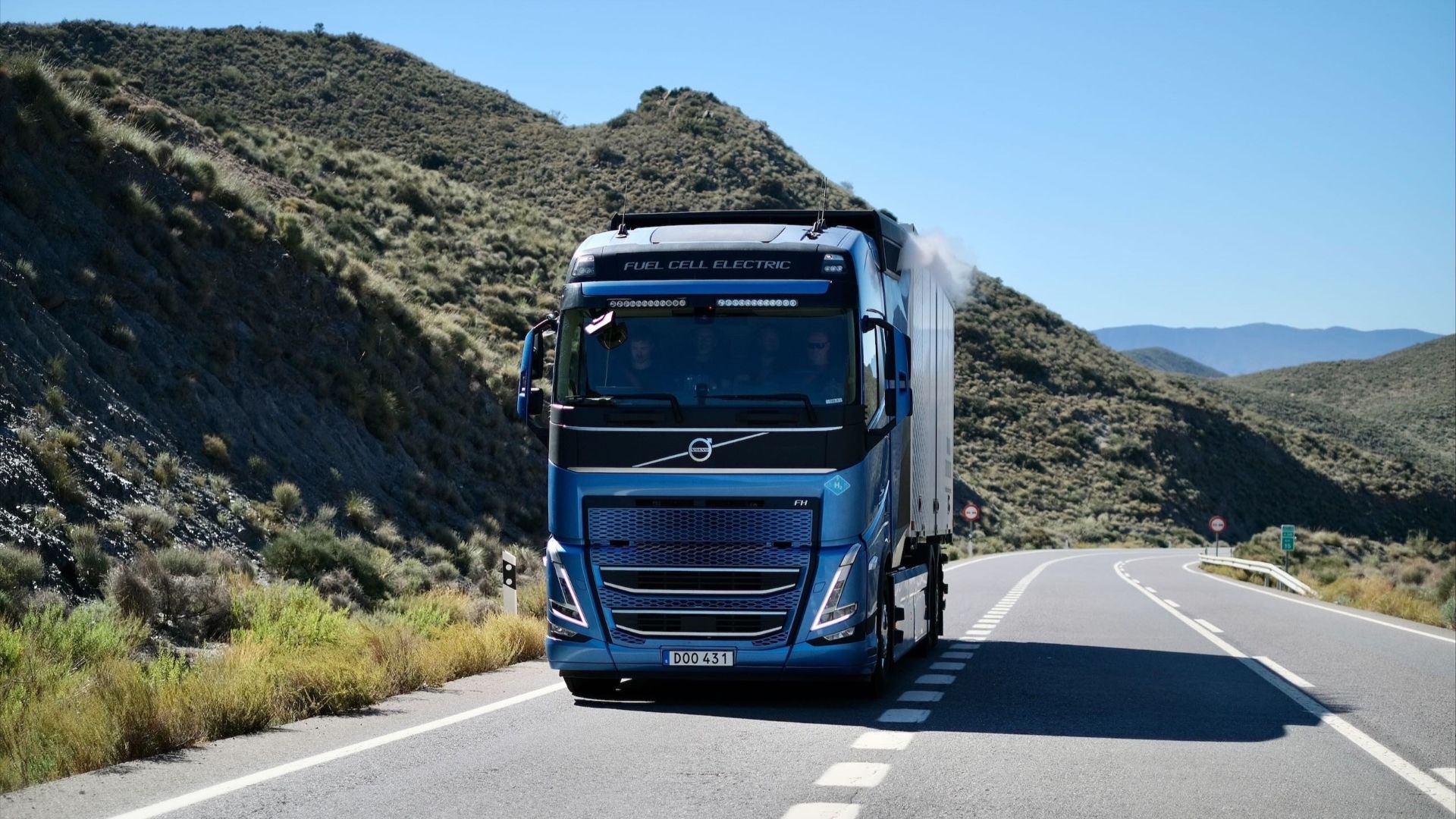 Front 3/4 shot of a Volvo Hydrogen Fuel Cell Truck