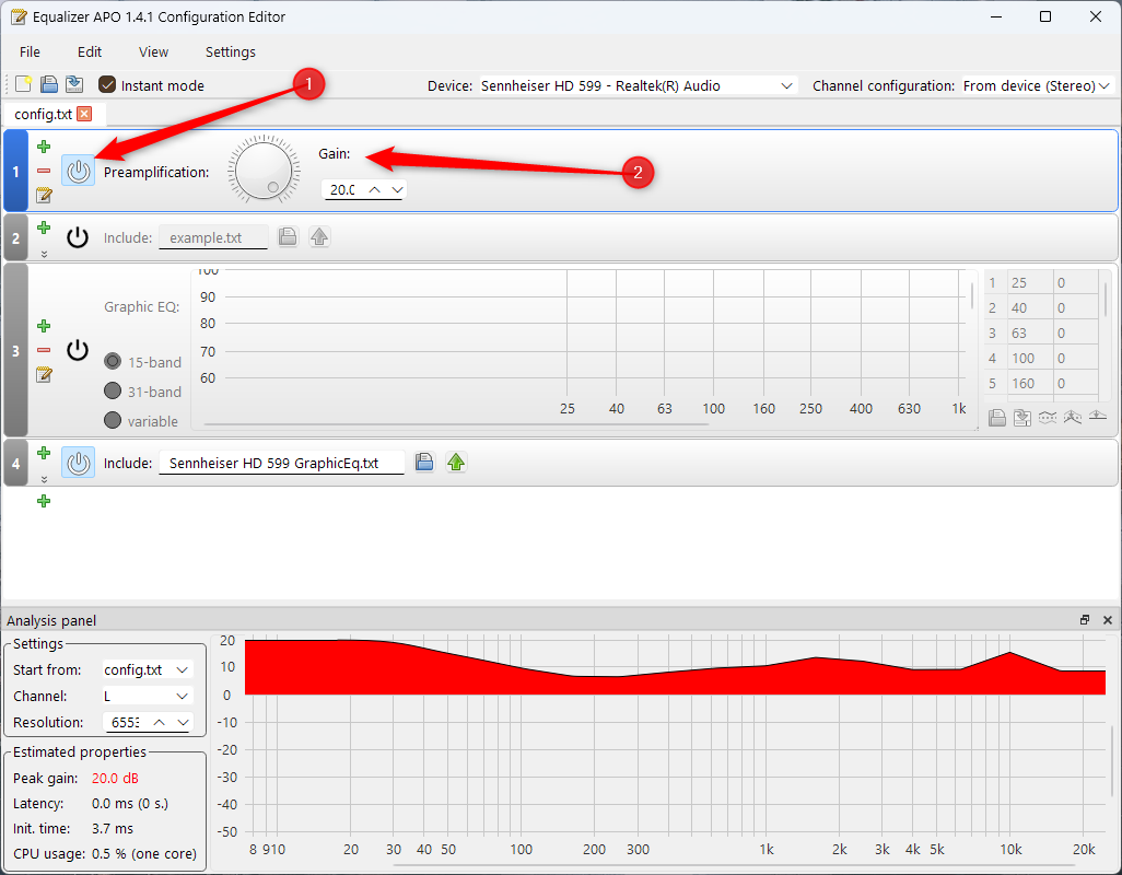 Adjusting the volume gain in Equalizer APO.