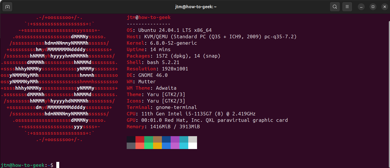 GNOME terminal showing neofetch output