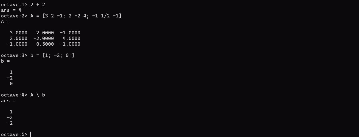 Solving a system of linear equations with GNU Octave in the terminal.