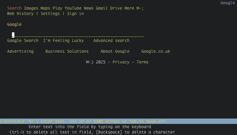 The lynx text browser showing Google's home page, including an underlined search box and related links.