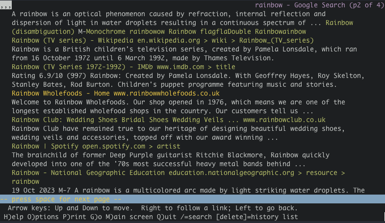 The lynx text browser showing google search results as a wall of text with some items in color.