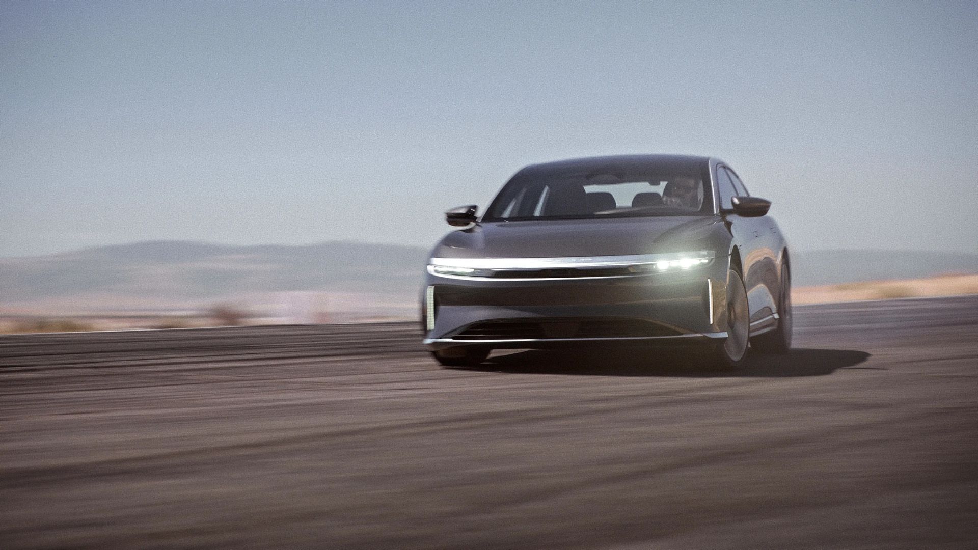 Front view of Lucid Air Grand Touring on track.