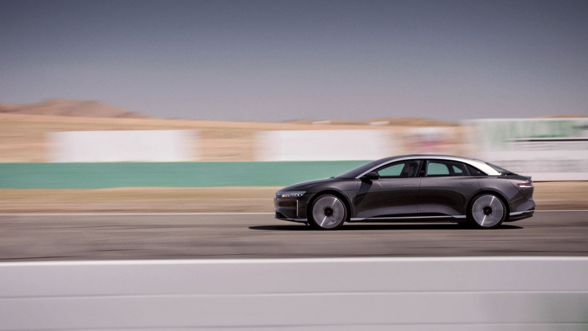 Full view of Lucid Air Grand Touring testing on a race track. 