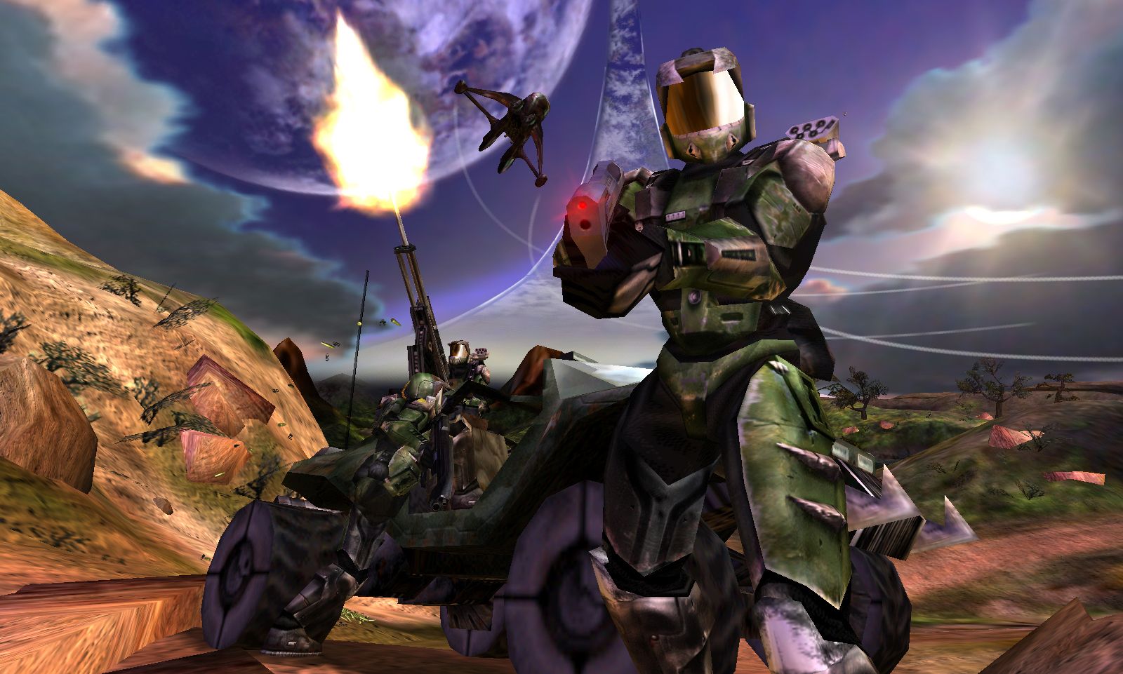 Screenshot from the 1999 build of Halo, featuring multiple spartans.