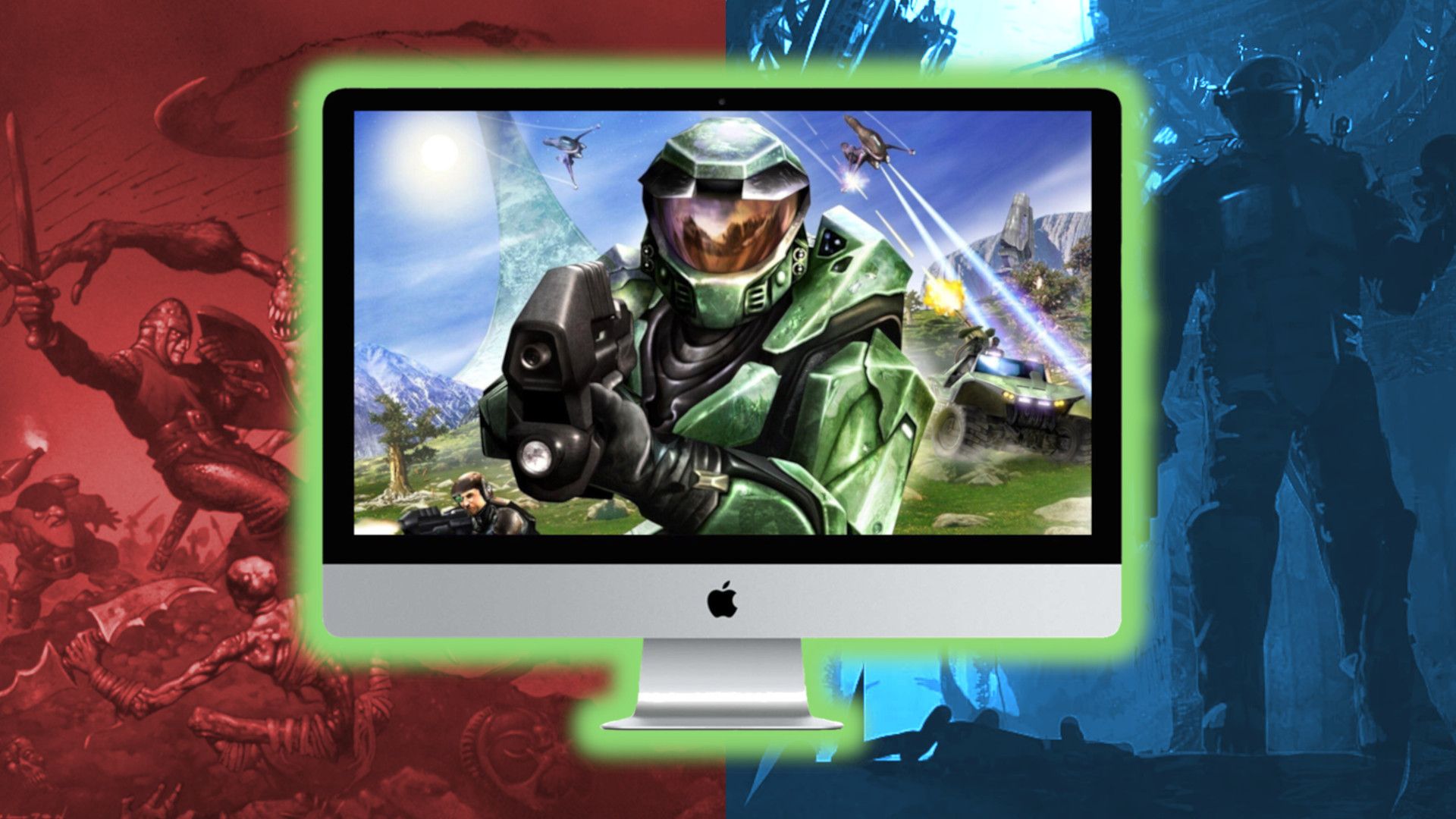 Halo on a Mac, with "Myth: The Fallen Lords" and "Marathon 2: Durandal" in the background.