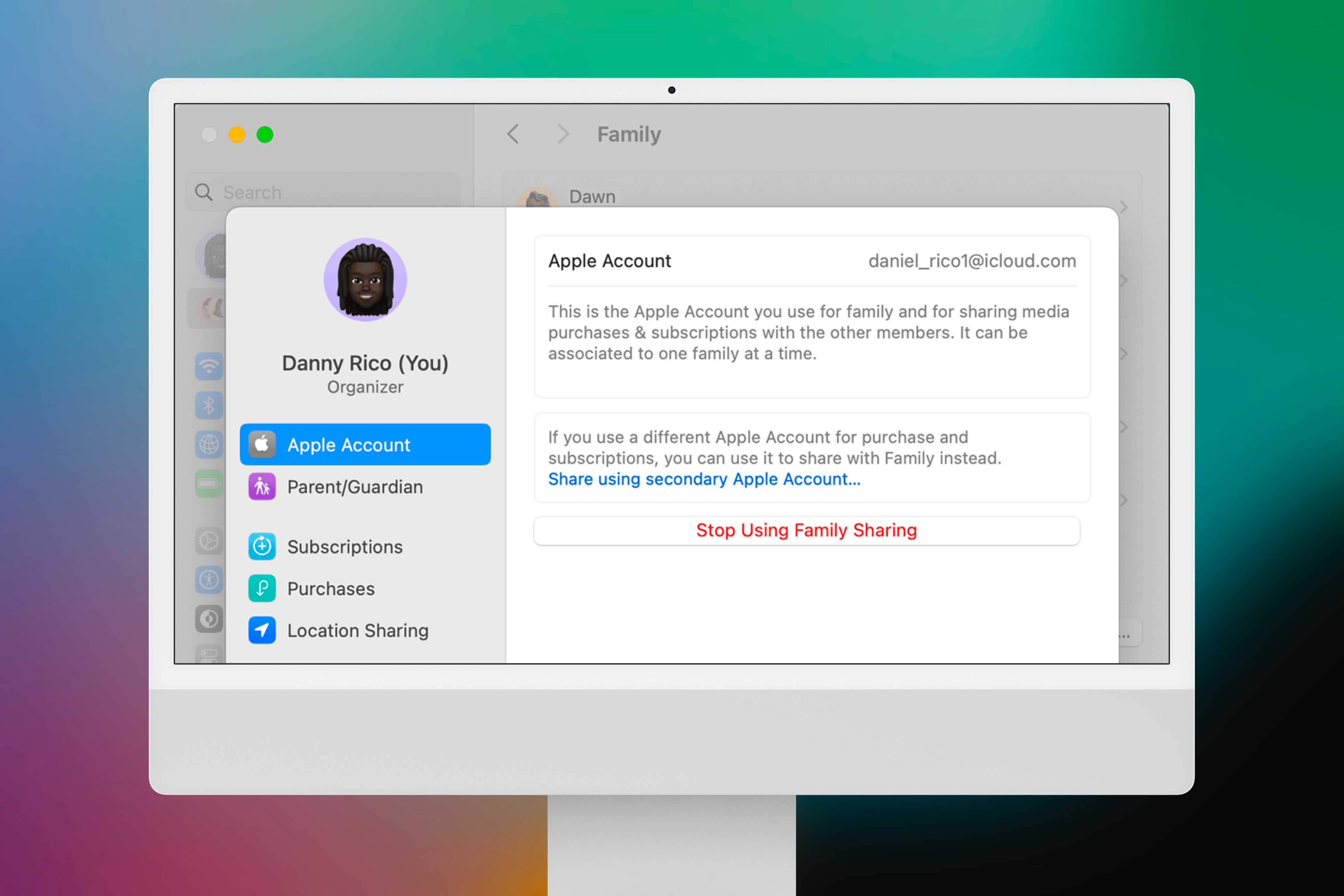 Menu to stop using Family Sharing with others on an iMac in front of a colorful background.