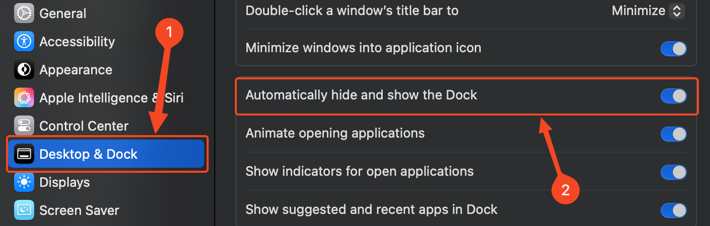 the settings app on macOS showing various dock-related options. 