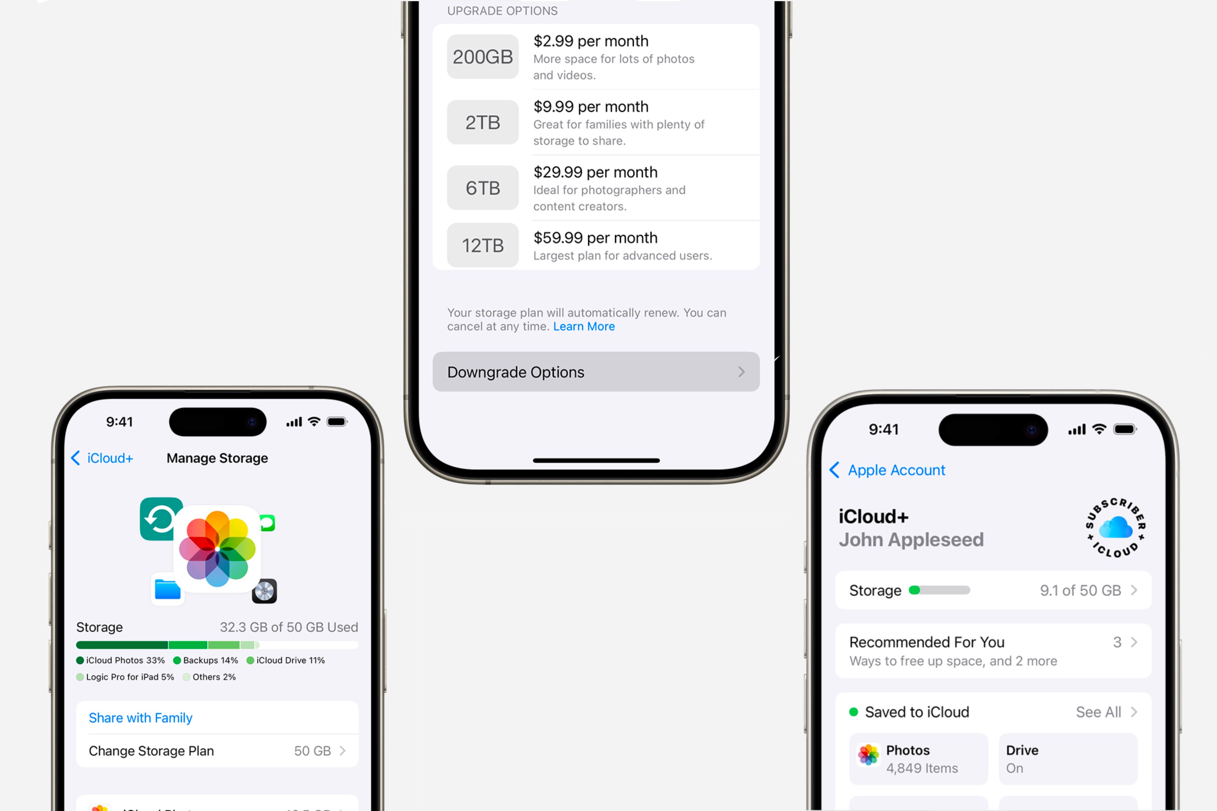 iCloud storage being configured with three iPhones.