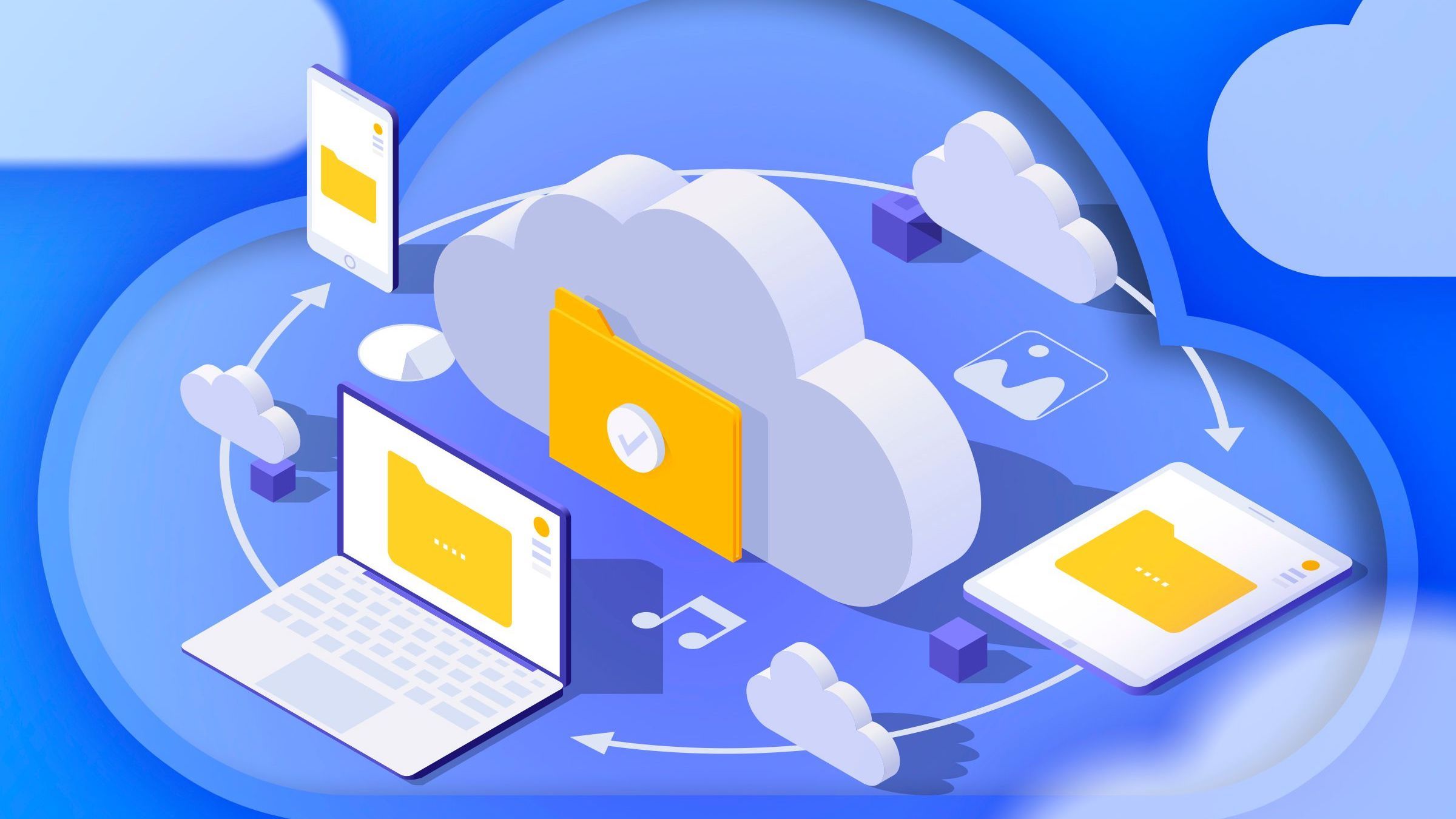 Illustration of a cloud surrounded by a laptop, smartphone, tablet, and some files.