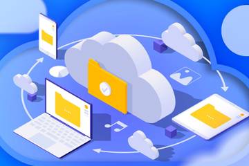Illustration of a cloud surrounded by a laptop, smartphone, tablet, and some files.