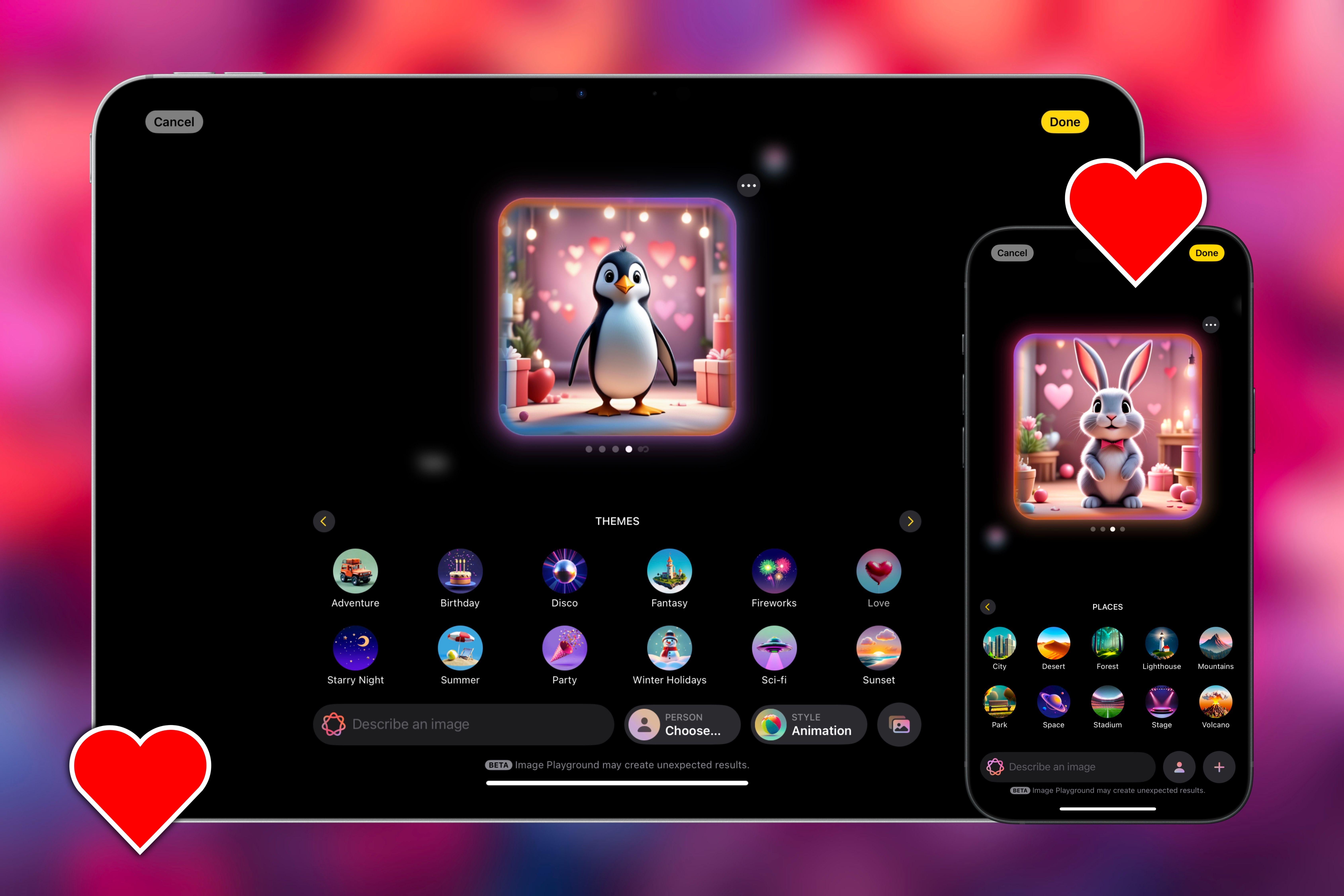 Image Playground on iPhone and iPad features animals with hearts.