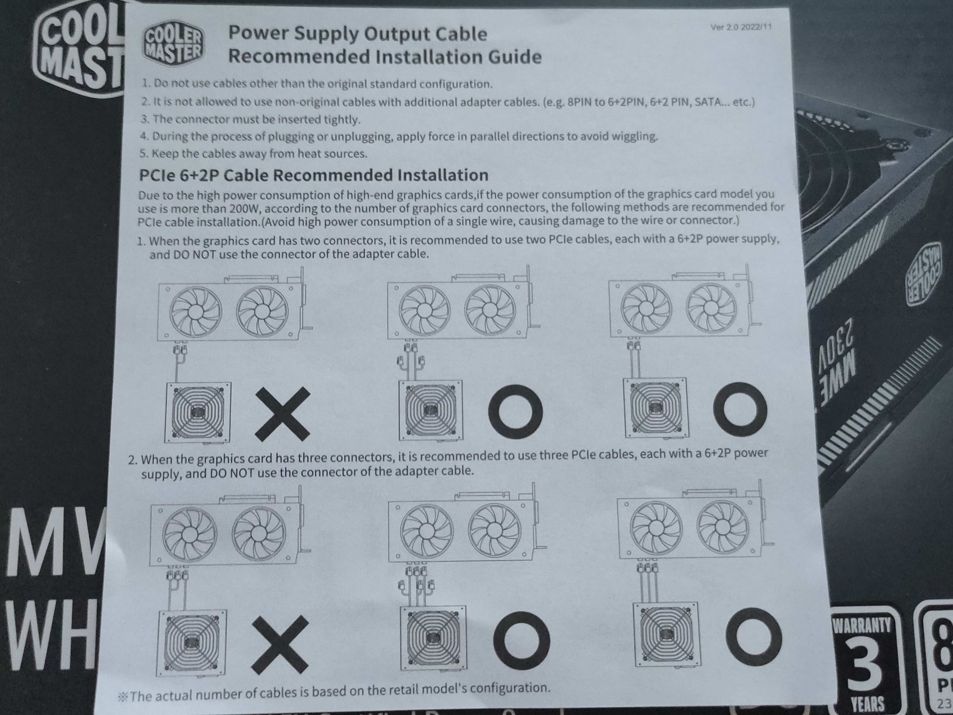 A Cooler Master power supply pamphlet explaining how to connect PSU power cables to graphics card correctly.