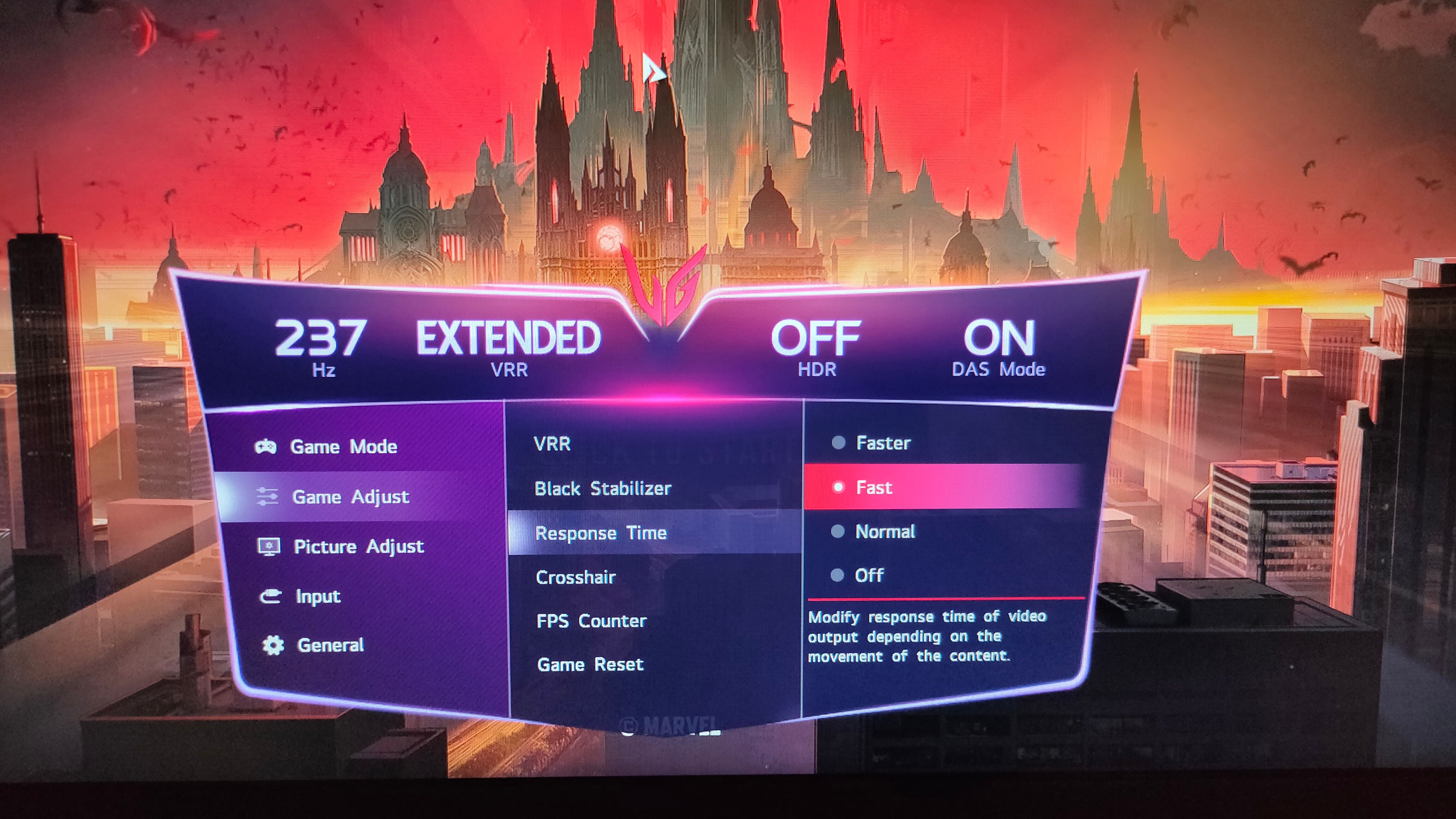 The response time settings on an LG monitor.