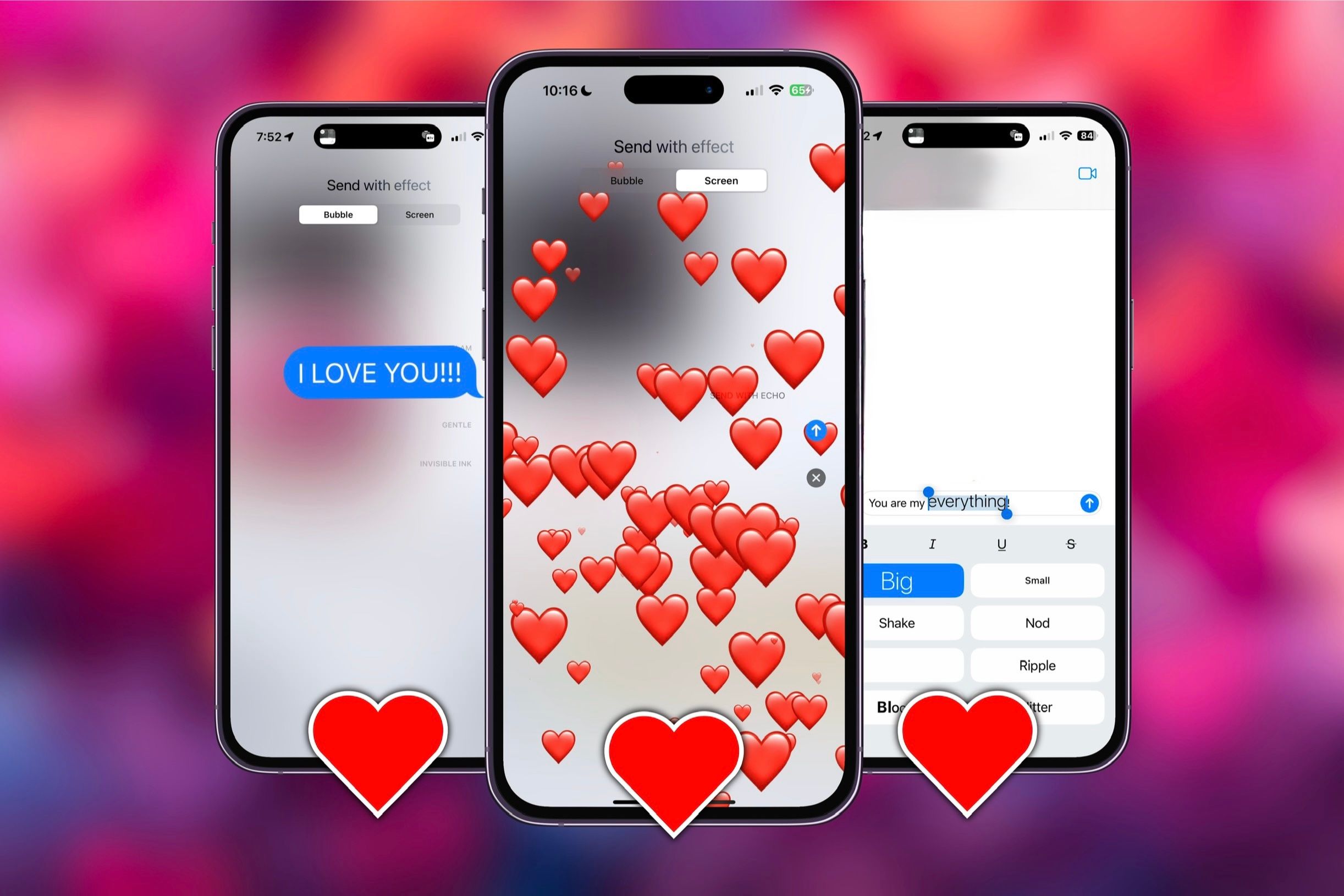 Three iPhones showing different iMessage Effects with hearts around them.