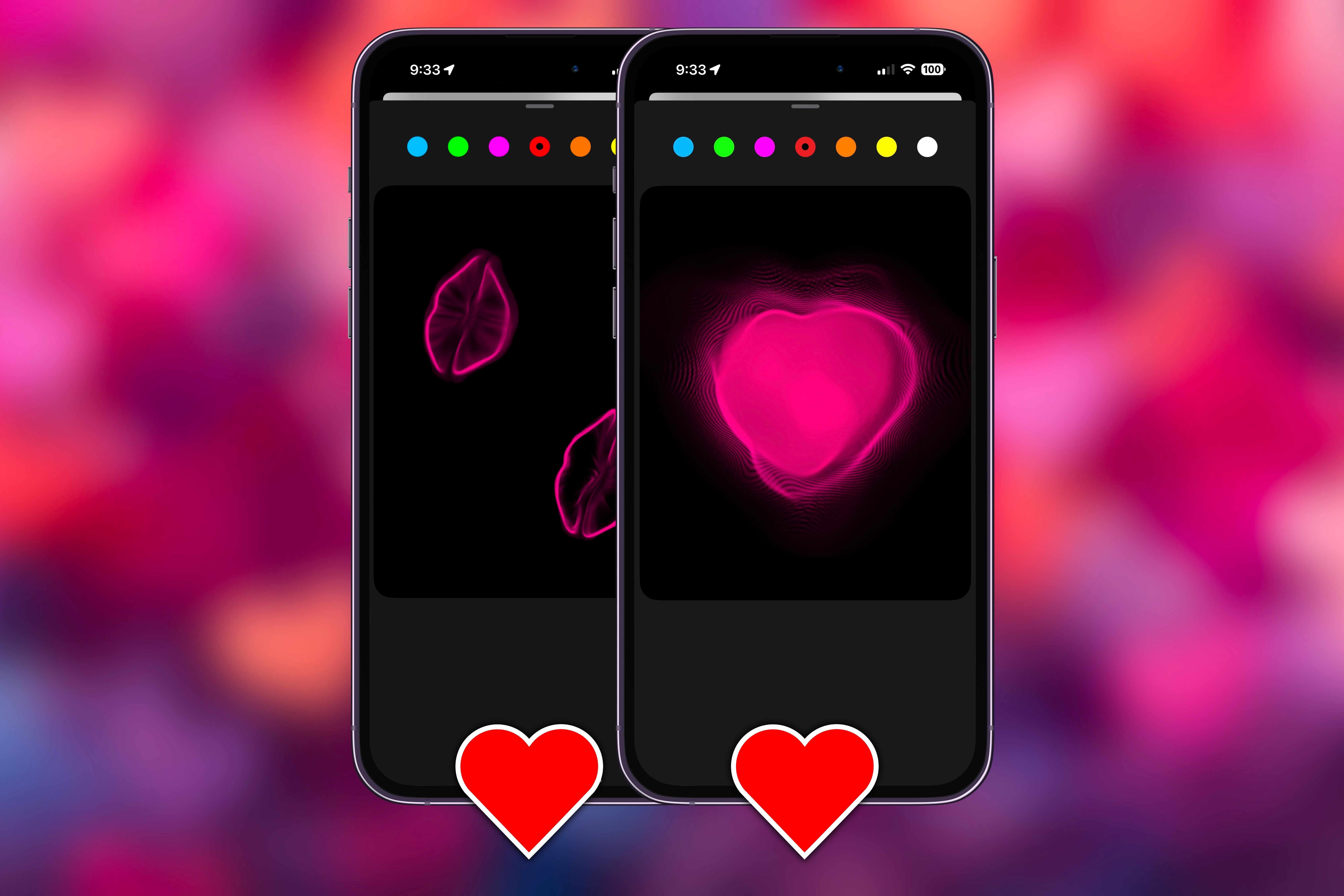 Two iPhones showing a kissing animation and beating heart animation in Digital Touch on iMessage.