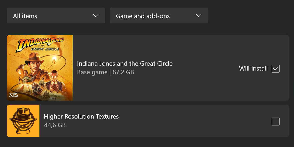 Managing Indiana Jones and the Great Circle game content on Xbox.