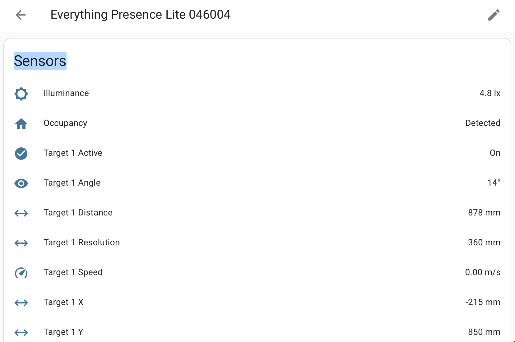 Information about illuminance, occupancy, target angle, target distance, target resolution, and target speed from an Everything Presence Lite sensor in Home Assistant.