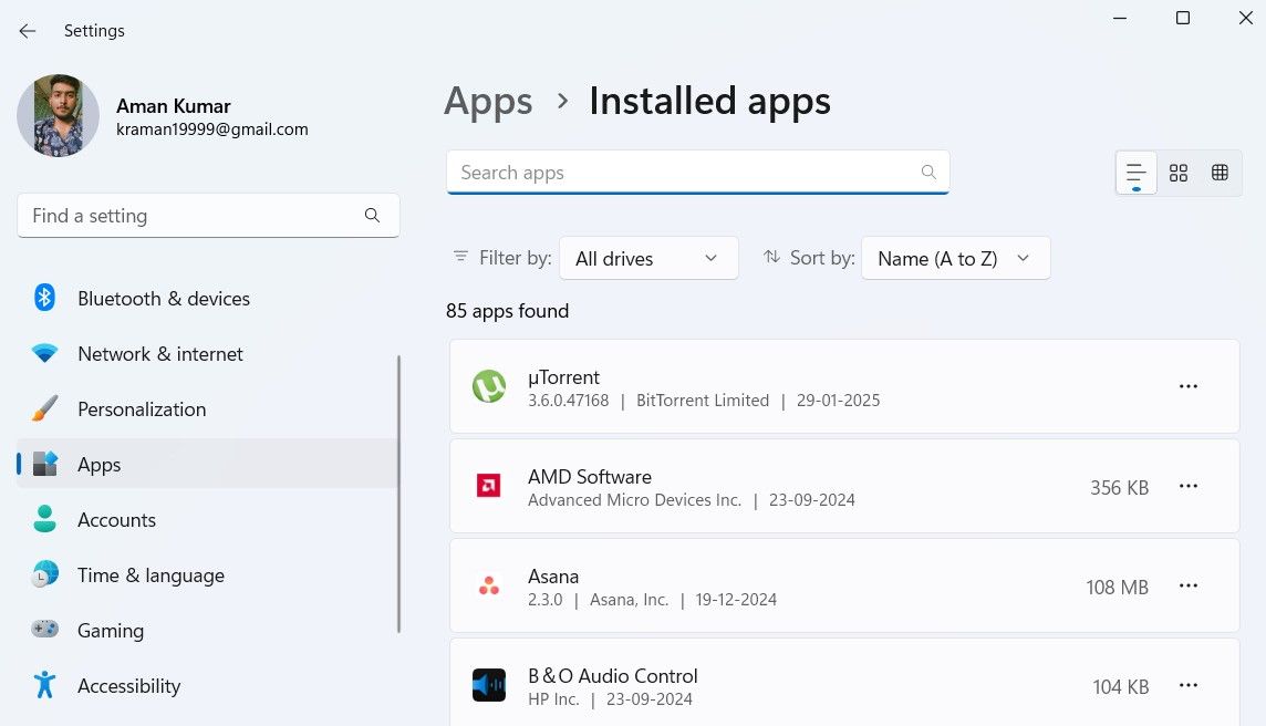 Installed apps windows of the Settings app.