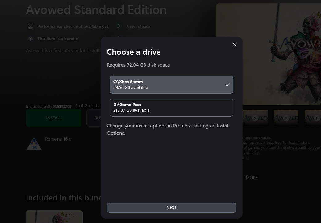 Installing Avowed via PC Game Pass.