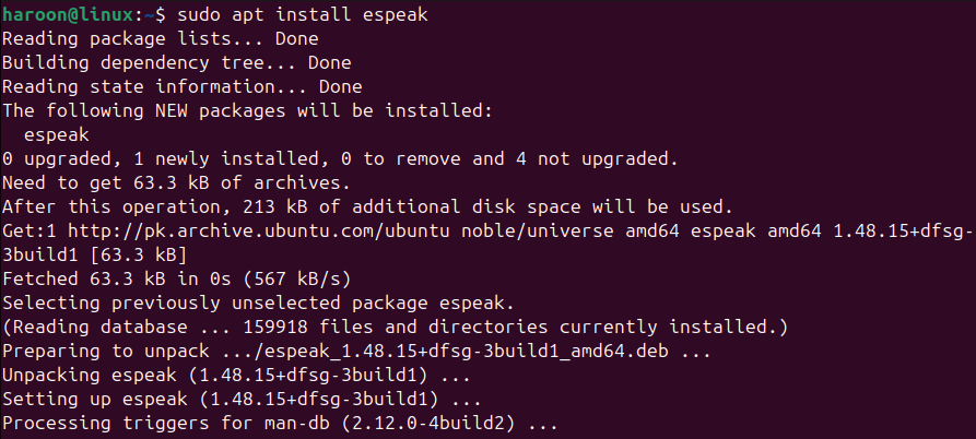 Installing eSpeak command-line tools using APT package manager on Ubuntu.